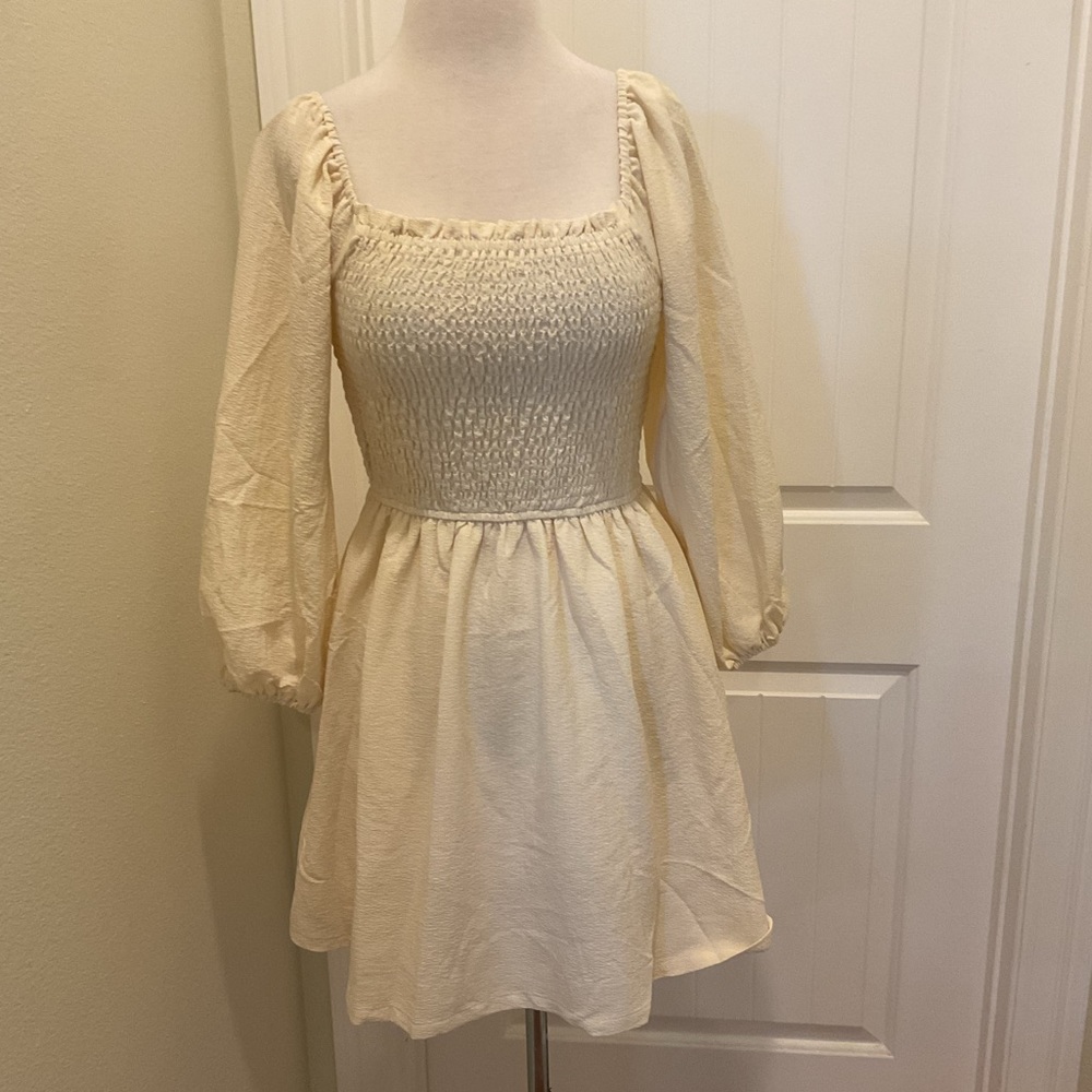 NWT. Smocked Square-Neck Midi Dress in Cream